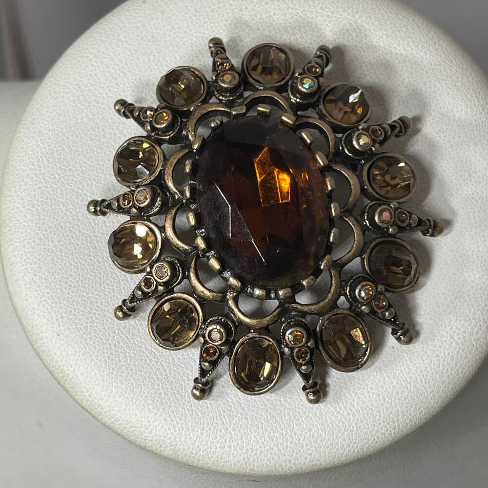 Chico's pin brooch burnished gold tone amber colored signed costume jewelry - Picture 2 of 10